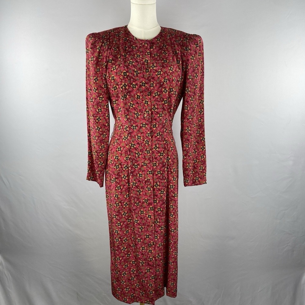 Spenser Jeremy Dress Womens 6 Fuchshia Silk Geometric Midi LS Vintage 90s